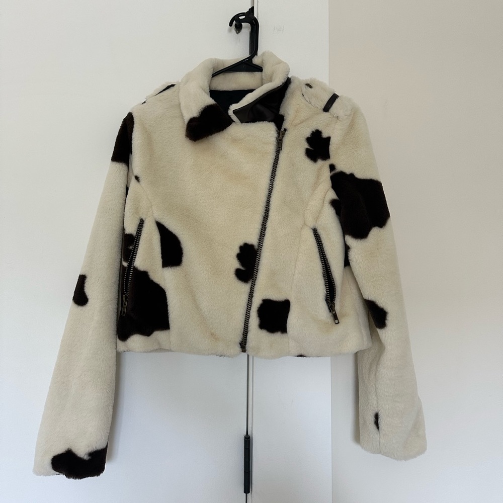 cow print crop zip up jacket